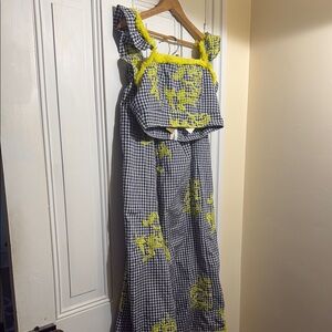Blue and Yellow Ruffled Gingham Maxi Sundress with Square Neck